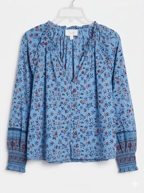 Cleobella Ariana Blouse in Lapis - Blue Floral Woodblock Print Organic Cotton XS